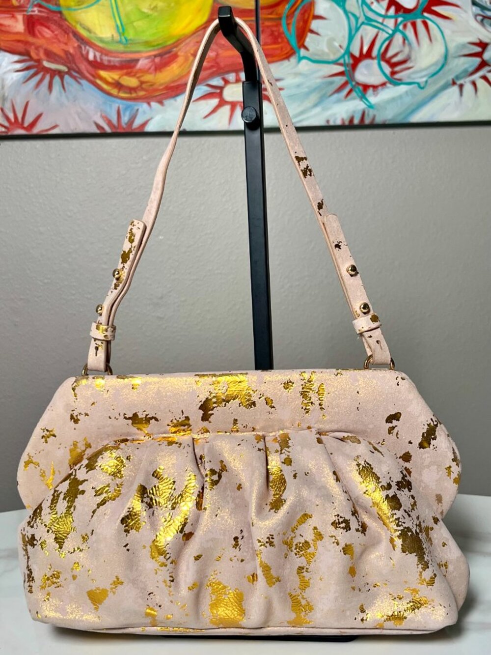 Vince Camuto Amari Taupe Gold Leather Clutch Shoulder Bag NWT - Picture 2 of 12